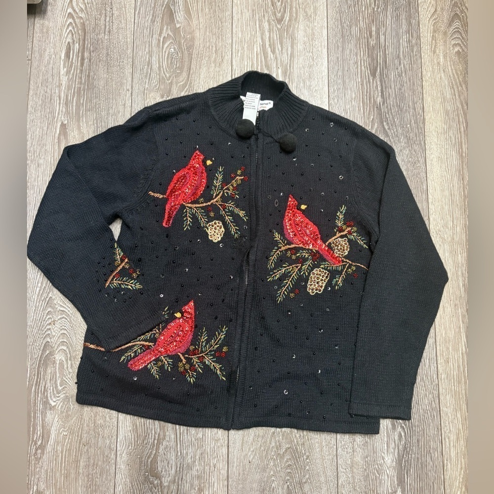 Christmas collection Black Cardigan with Red Bird Embroidery